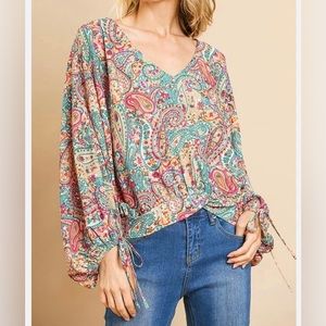 UMGEE Paisley Print Pink and Turquoise Puff Sleeve Top - Size Large